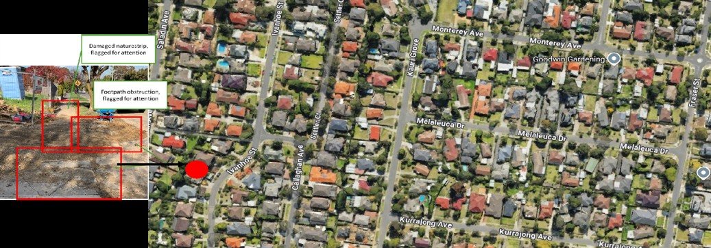 Aerial map of a residential area with hazard locations flagged in red, and a site photo marking a damaged nature strip and footpath obstruction