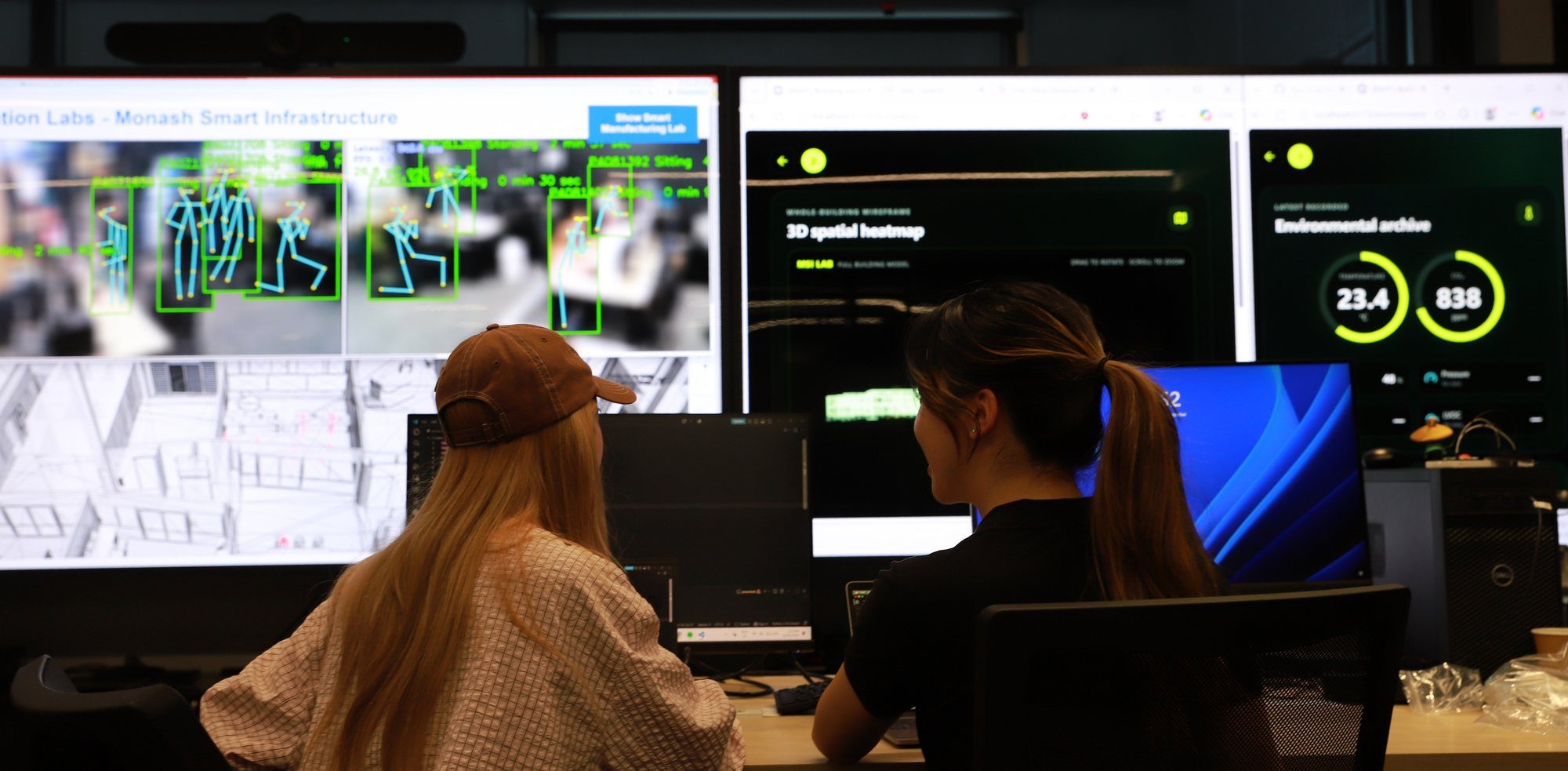 Two VISTA members at the MSI Lab screens showing live pose detection, a 3D spatial heatmap and environmental sensor data