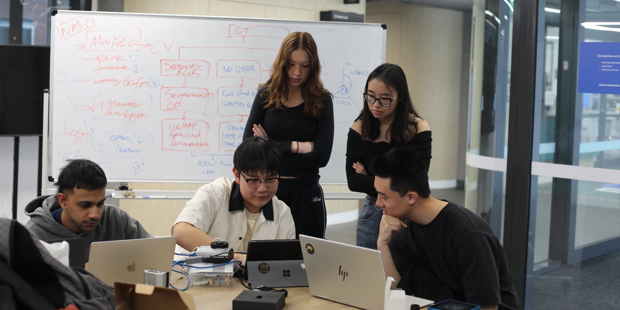 Five VISTA members gathered around laptops and sensor hardware in the lab, with a system diagram on the whiteboard behind them