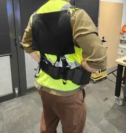 Back view of the exoskeleton, showing the back panel and waist-mounted electronics